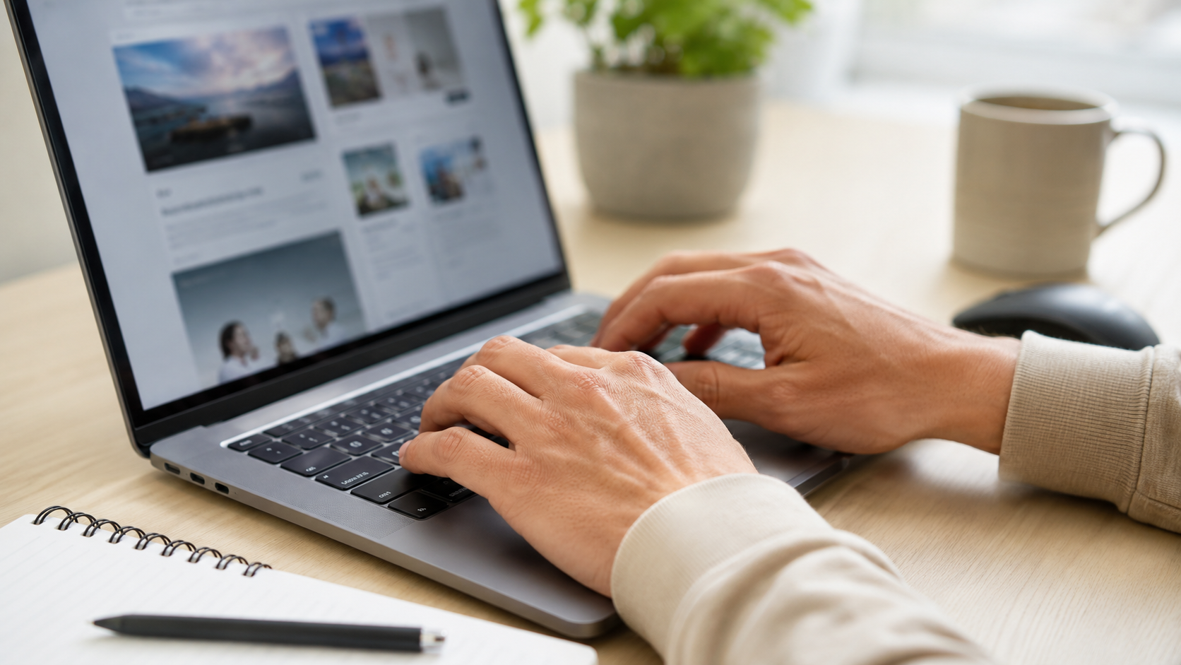 Hands using built-in tools and shortcuts on a laptop